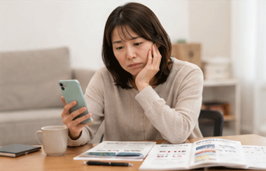 スマホを見ながら子どもの受験対策に不安を感じる40代の母親