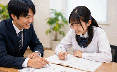 個別指導で笑顔で生徒に向き合うフクモトゼミナールの講師