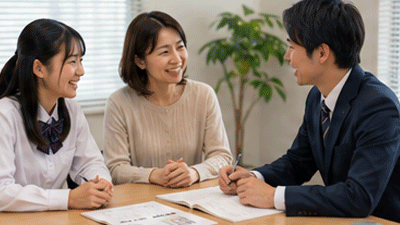 三者面談で安心した表情を見せる保護者と優しく対応する講師